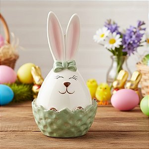 Potinho de Cerâmica de Páscoa com Tampa - Coelha Verde e Branca - 13x8x8cm - 1 unidade - Cromus - Rizzo