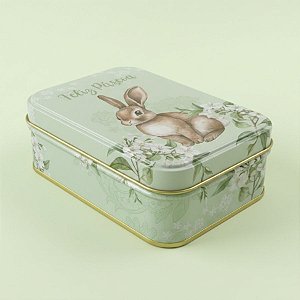 Lata de Metal Retangular de Páscoa - Coelho Flores - Verde - 12,2x8,5x4,5cm - 1 unidade - Rizzo