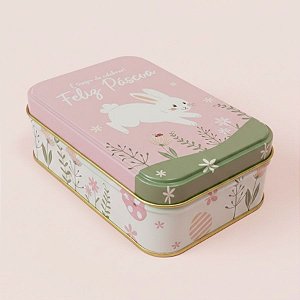 Lata de Metal Retangular de Páscoa - Coelho Feliz Páscoa - Rosa - 12,2x8,5x4,5cm - 1 unidade - Rizzo