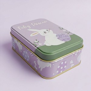 Lata de Metal Retangular de Páscoa - Coelho Feliz Páscoa - Lilás - 12,2x8,5x4,5cm - 1 unidade - Rizzo