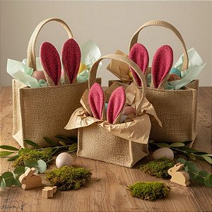 Cesta de Juta de Páscoa com Orelha Rosa Escuro Poá Branco - 1 unidade - EcoArt - Rizzo