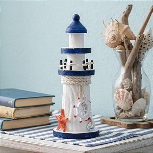 Enfeite Decorativo de Madeira - Farol - Azul e Branco - 19,5x7,5cm - 1 unidade - Rizzo
