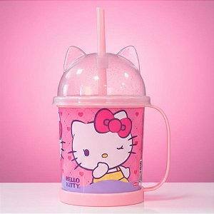 Caneca com Canudo e Tampa - Hello Kitty - Rosa - 360ml - 1 unidade - Plasútil - Rizzo