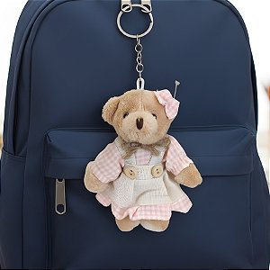 Chaveiro Ursa de Pelúcia - Macacão e Saia Xadrez - Rosa - 8x11x4cm - 1 unidade - Rizzo