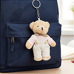 Chaveiro Urso de Pelúcia - Macacão e Camisa Xadrez - Rosa - 8x11x4cm - 1 unidade - Rizzo