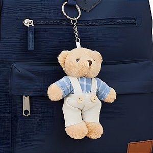 Chaveiro Urso de Pelúcia - Macacão e Camisa Xadrez - Azul - 8x11x4cm - 1 unidade - Rizzo