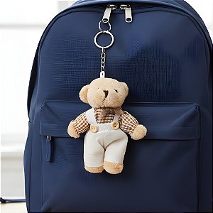 Chaveiro Urso de Pelúcia - Macacão e Camisa Xadrez - Marrom - 8x11x4cm - 1 unidade - Rizzo