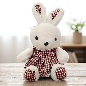 Coelho de Pelúcia Branco - Vestido Xadrez Vermelho - 12x39x11cm - 1 unidade - Rizzo - Rizzo