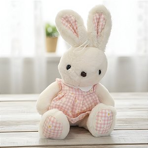 Coelho de Pelúcia Branco - Vestido Xadrez Rosa - 12x39x11cm - 1 unidade - Rizzo - Rizzo