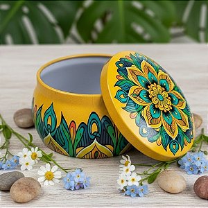 Lata De Metal Estampa De Mandala - Amarelo, Azul e Verde - 7x7x4cm - 130ml - 1 unidade - Rizzo
