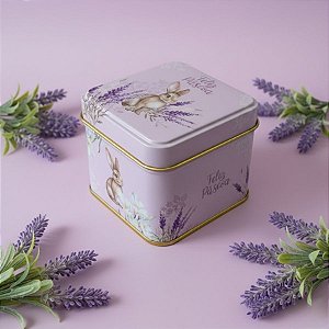 Lata de Metal Quadrada de Páscoa - Coelho Flores - Roxo - 8x8x6,3cm - 1 unidade - Rizzo