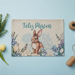 Jogo Americano de Páscoa - Coelho Bordado "Feliz Páscoa" - Azul - 33x45cm - 1 unidade - Rizzo