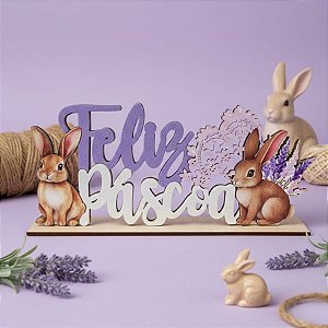 Display de Mesa em MDF de Páscoa - Coelho Flores "Feliz Páscoa" - Roxo - 29,5x13 - 1 unidade - Rizzo
