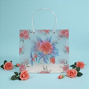 Sacola de Plástico Transparente Fosca - Floral - Rosa e Azul - 30x12x26cm - 1 unidade - Rizzo