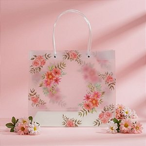 Sacola de Plástico Transparente Fosca - Floral - Rosa - 30x12x26cm - 1 unidade - Rizzo