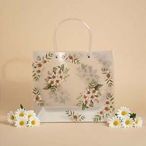 Sacola de Plástico Transparente Fosca - Floral - Branco - 30x12x26cm - 1 unidade - Rizzo