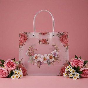 Sacola de Plástico Transparente Fosca - Floral - Branco e Rosa - 30x12x26cm - 1 unidade - Rizzo