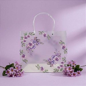 Sacola de Plástico Transparente Fosca - Floral - Roxo - 30x12x26cm - 1 unidade - Rizzo