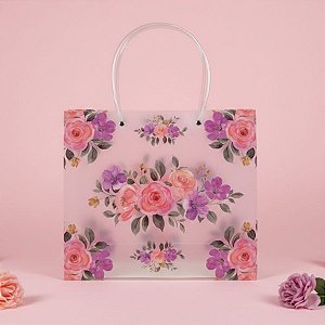 Sacola de Plástico Transparente Fosca - Floral - Rosa e Roxo - 30x12x26cm - 1 unidade - Rizzo