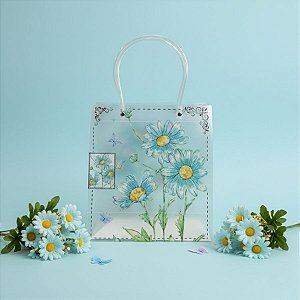 Sacola de Plástico Transparente Fosca - Floral - Margaridas - 22x10x24cm - 1 unidade - Rizzo