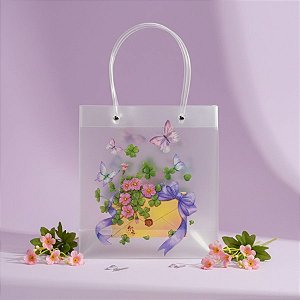 Sacola de Plástico Transparente Fosca - Floral - Carta com Flores - 22x10x24cm - 1 unidade - Rizzo