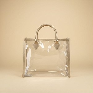 Sacola Transparente PVC com Alça de Couro Dourado - 28x14x23cm - 1 unidade - Rizzo