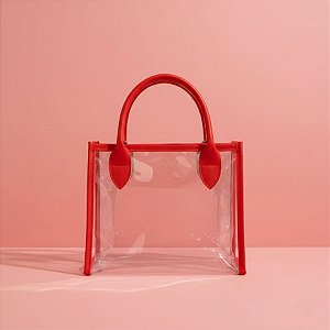 Sacola Transparente PVC com Alça de Couro Vermelho - 22x11x19cm - 1 unidade - Rizzo