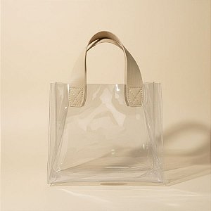 Sacola Transparente PVC com Alça de Couro Bege - 25x14x23cm - 1 unidade - Rizzo
