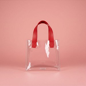 Sacola Transparente PVC com Alça de Couro Vermelho - 20x10x18cm - 1 unidade - Rizzo