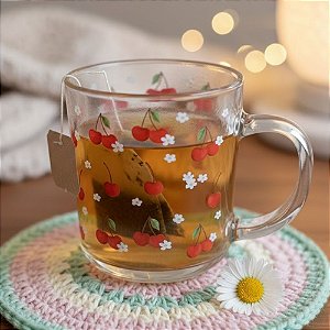 Caneca de Vidro - Cerejas com Florzinhas - 200ml - 1 unidade - Rizzo