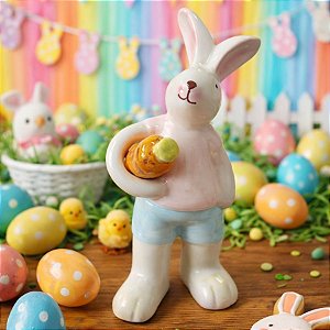 Enfeite Decorativo de Páscoa em Porcelana - Coelho com Cenoura - 14,5cm - 1 unidade - Rizzo