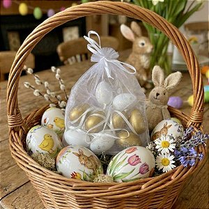 Saco de Ovinhos de Páscoa Decorativos para Pendurar - Dourado e Branco - 4cm - 9 unidades - Cromus - Rizzo