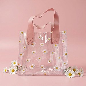 Sacola Transparente PVC com Alça de Couro Rosa - Margarida - 18x20x10cm - 1 unidade - Rizzo
