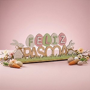 Placa Feliz Páscoa em Madeira Natural Coelhos e Ovinhos - 13cm x 30cm - Cromus Páscoa