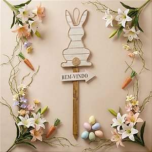 Placa Decorativa Jardim Coelho com Pompom Bem Vindo 91cm - 01 unidade - Cromus Páscoa - Rizzo Embalagens
