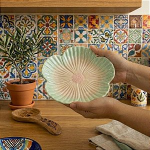 Enfeite Decorativo de Porcelana - Flor Rosa e Verde - 21cm - 1 unidade - FlorArte - Rizzo