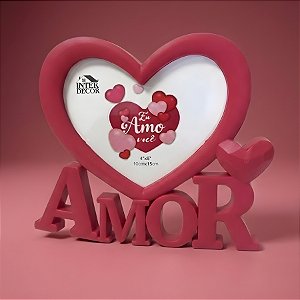 Porta Retrato Amor com Moldura de Coração - Rosa Escuro - Eu Amo Você - 10x15cm - 1 unidade - Rizzo