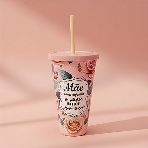 Copo com Canudo e Tampa - Rosa Claro - Mãe Como é Grande o Meu Amor Por Você - 600ml - 1 unidade - Rizzo