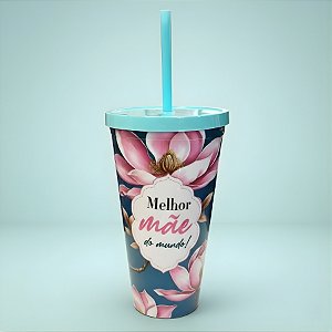 Copo com Canudo e Tampa - Azul - Melhor Mãe do Mundo - 600ml - 1 unidade - Rizzo