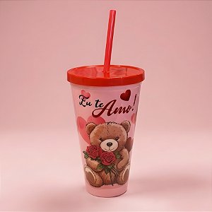 Copo  com Canudo e Tampa - Eu Te Amo  Ursinho - 600ml - 1 unidade - Rizzo