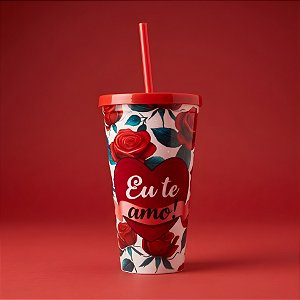 Copo com Canudo e Tampa - Eu Te Amo Flores - 600ml - 1 unidade - Rizzo