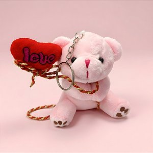 Chaveiro de Pelúcia - Ursinho Rosa com Balão de Coração - 9x12x7cm - 1 unidade - Rizzo