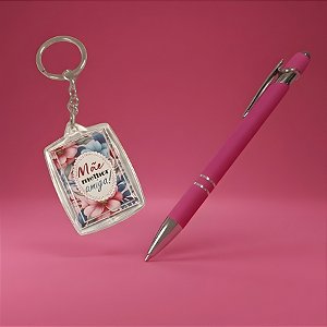 Kit Caneta e Chaveiro - Flores Azul e Rosa - Mãe Melhor Amiga - 1 unidade - Rizzo