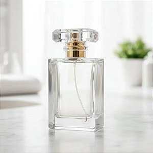 Frasco para Perfumaria de Vidro Retangular para Perfume - Spray Dourado com Tampa Transparente - 50ml  - 1 unidade - Riz