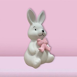 Enfeite Decorativo de Páscoa em Dolomita - Coelho Fosco com Laço em Pé - 10x9,5x19cm - 1 unidade - Rizzo
