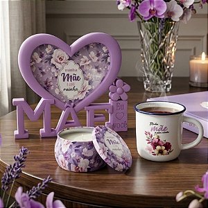 Kit Presenteável Porta Retrato Mãe com Moldura de Coração, Caneca de Porcelana e Vela Aromática - Minha Mãe é Uma Rainha