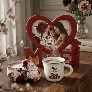 Kit Presenteável Porta Retrato Mãe com Moldura de Coração, Caneca de Porcelana e Vela Aromática - Mãe Eu Te Amo - 1 unid