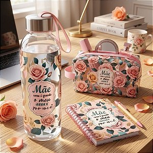 Kit Presenteável Bloco de Anotações com Caneta, Garrafa com Alça e Nécessaire - Mãe Como é Grande o Meu Amor Por Você -