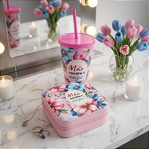 Kit Presenteável Copo com Canudo e Tampa e Mini Porta Joias Portátil - Mãe Melhor Amiga - 1 unidade - Rizzo