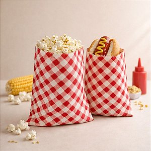 Saquinho para Pipoca e Hot Dog Chita Xadrez - Vermelho - 15,5x11cm - 5 unidades - Rizzo